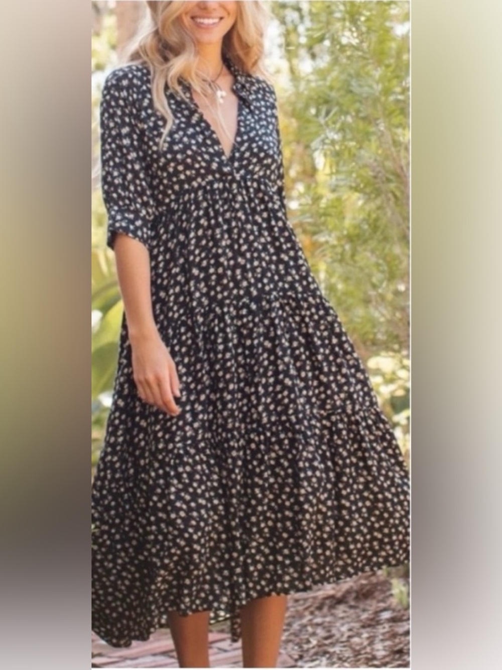 NATURAL LIFE Black Floral Short-Sleeve Tiered Midi Dress